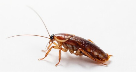 Close-up cockroach on a white background showing detailed features, concept for pest control and hygiene