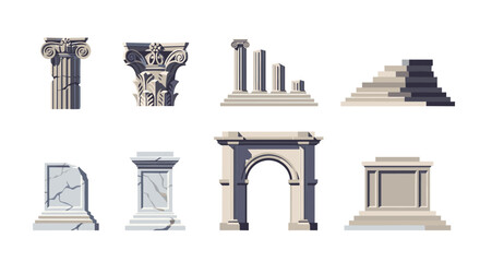 Naklejka premium Ancient architectural elements set in flat style featuring columns, arches, and steps