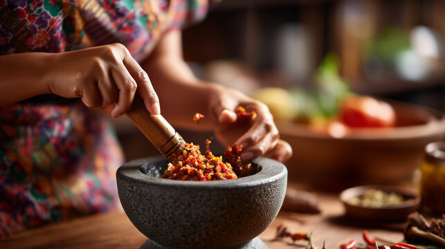 Close-up of faceless hands of an Indonesian woman (wanita) preparing a traditional sambal using a mortar and pestle, Authentic Cuisine concept, vibrant red chili, rustic kitchen se