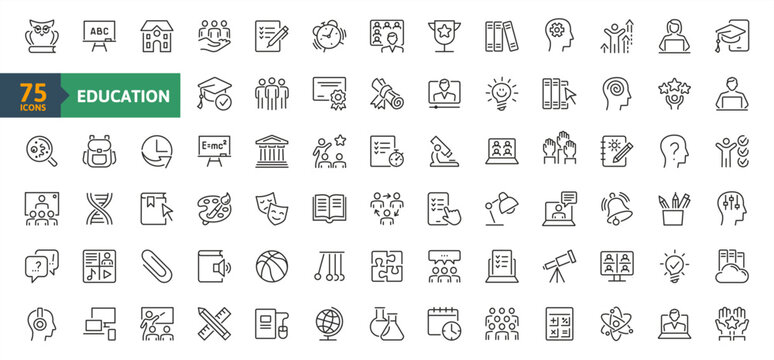 An education icon set. Contains icons related to school, college, university, learning, e-learning, knowledge sharing, lessons and achievements. Simple vector line icons collection.