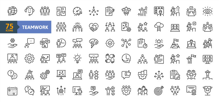 Business teamwork, team building, work group, co-worker, cooperation and human resources minimal thin line web icon set. Outline icons collection. Simple vector illustration.