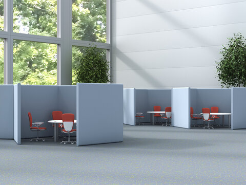 Modern seminar room interior with cubicle practice spaces and office design