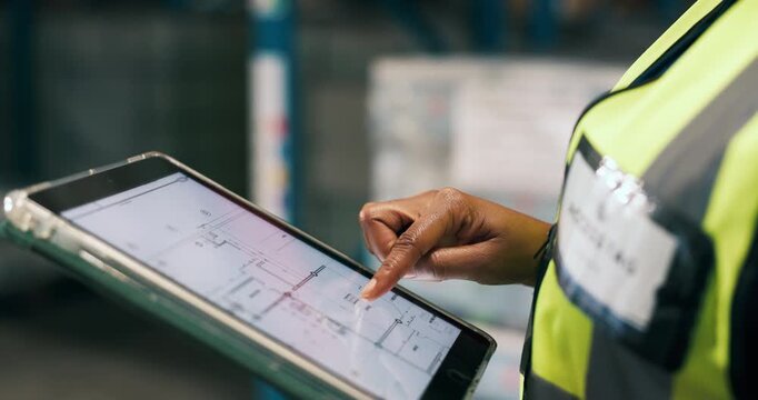 Person, hands or digital blueprint with tablet screen in warehouse for storage control or safety. Closeup, distributor or employee with technology or layout for supply chain maintenance in depot
