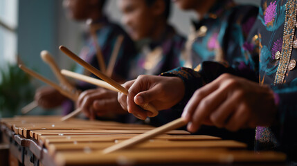 Medium shot of faceless young Indonesian people (pemuda) playing traditional musical instruments (gamelan), focus on hands and instruments, Cultural Preservation & Youth Talent con