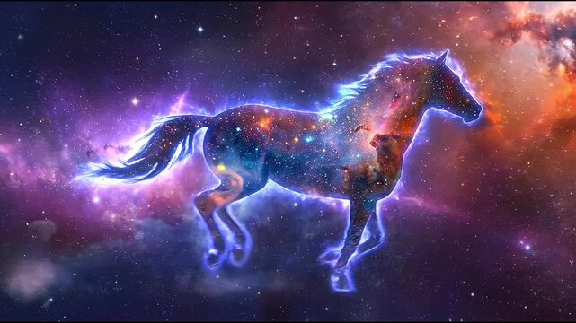 Glowing blue nebula horse silhouette running through purple and orange galaxy dust, loopable cosmic fantasy background for banner or poster