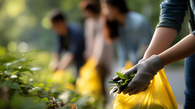 Medium shot of faceless young Indonesian people (pemuda) participating in a community clean-up drive, hands picking up litter, Social Responsibility & Environmentalism concept, bri