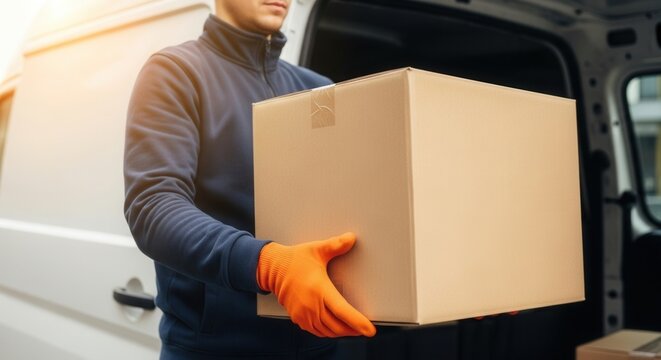Delivery man in blue jacket and orange gloves carrying large cardboard box near white van. Logistics and shipping transportation service. Courier worker holding parcel for moving or distribution indus