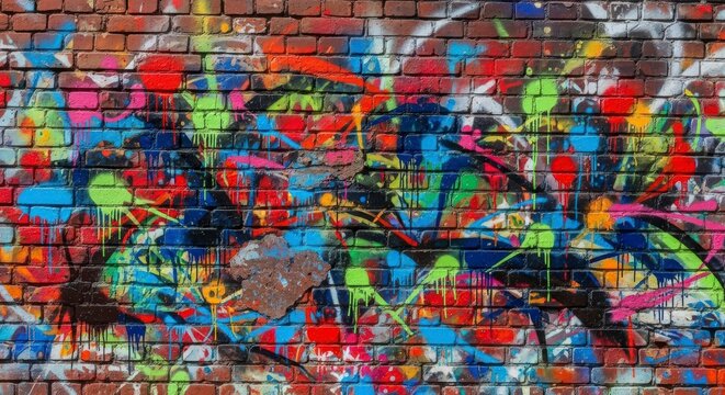 Vibrant urban graffiti on brick wall.