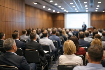 Fototapeta premium Rear view of a professional conference hall with a large audience attending a business presentation, visible presentation content on screen, modern corporate training or seminar environment.