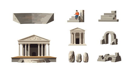 Naklejka premium Ancient greek and roman architectural structures in isometric design