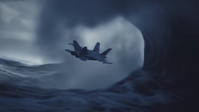 Jet aircraft flying through stormy weather dramatic atmospheric scene