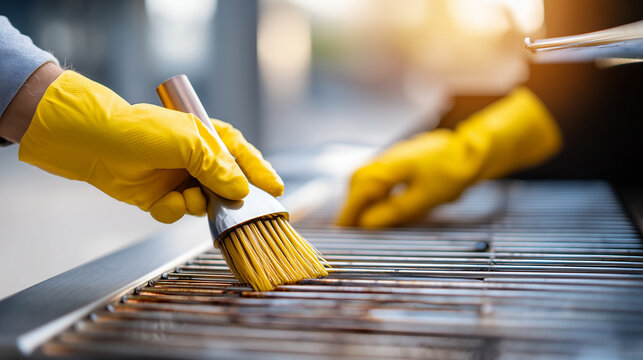 Extreme close-up of faceless hands in yellow work gloves using a specialized brush to clean a stainless steel grill grate, Summer BBQ Preparation, sparks of sunlight on metal, prof