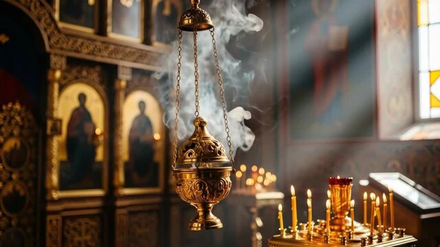 Golden censer smoking incense in a church, featuring burning candles and religious icons for spiritual worship