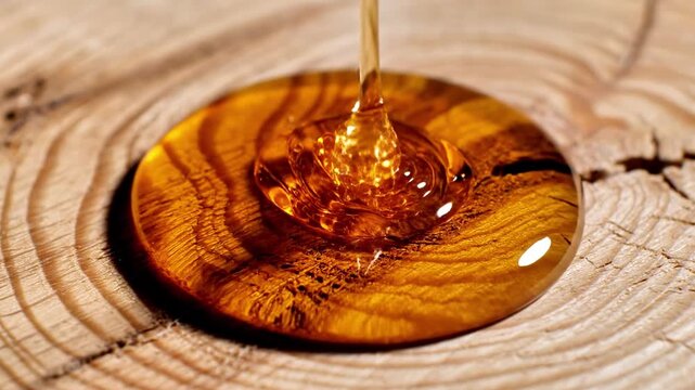 A golden liquid, likely honey or syrup, is being poured onto a cut tree trunk