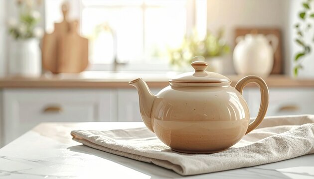 Ceramic teapot sitting on white linen cloth on kitchen counter with bright natural light coming through window