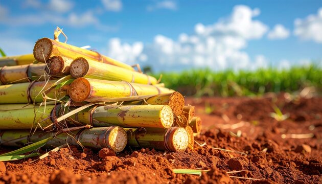 Stack of cut sugarcane pieces on rich red dirt in plantation field under blue sky with fluffy white clouds