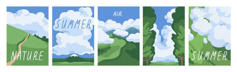 Fototapeta premium Summer nature landscape cards set. Peaceful countryside with green field, hill, fluffy cumulus clouds in sky. Calm country rural sceneries, serene outdoor environment. Flat vector illustrations