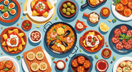Naklejka premium Colorful assortment of spanish tapas dishes on blue background