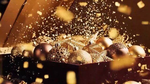 Golden christmas ornaments exploding from a gift box with confetti