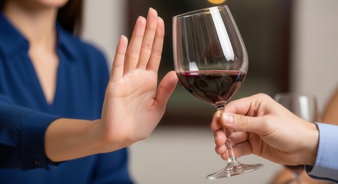 Beautiful woman in blue shirt refusing a glass of red wine with a hand gesture. Concept of conscious sobriety, health, diet, and saying no to drinking during a social meeting or dinner.