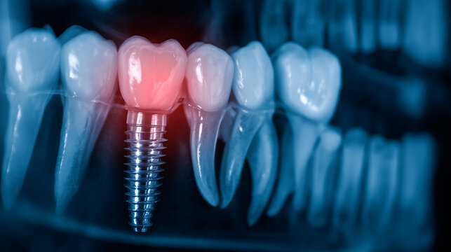 Dental X-ray with titanium implant for permanent oral rehabilitation and surgical tooth restoration