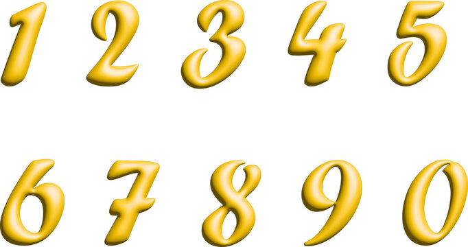 A set of three-dimensional yellow numbers from one to zero displayed on transparent background