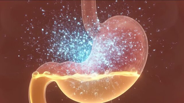 A capsule enters a stomach with gastric acid and dissolves to neutralize stomach acid in an anatomy animation. Concept of acid reflux relief and pharmaceutical treatment, heartburn
