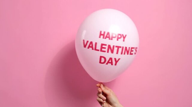Hand holding a pink balloon with Happy Valentine's Day text against pink background.