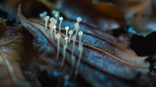 A cluster of small, white, mushroom-like fungi grow on a dark brown, wet leaf
