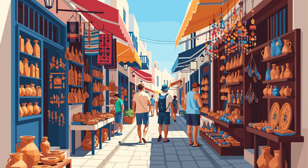Obraz premium Colorful mediterranean market street with ceramics and tourists in summer