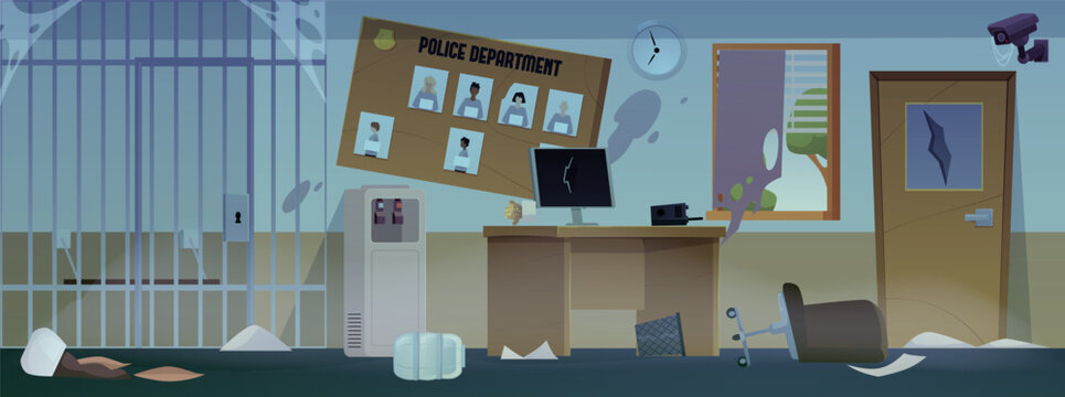 An abandoned police station interior with a jail cell, desk, computer, broken window, and door.