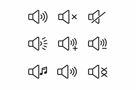 Volume control icons set: mute, unmute, adjust, sound effects, musical note