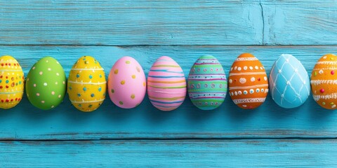 Naklejka premium The Easter eggs lined across a rustic turquoise wooden board for spring celebration