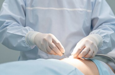 Close-up of professional surgeon's gloved hands performing a precise surgical procedure on a patient using specialized medical instruments in a sterile operating room environment.
