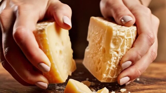 A person cutting a pastry in half on a wooden surface