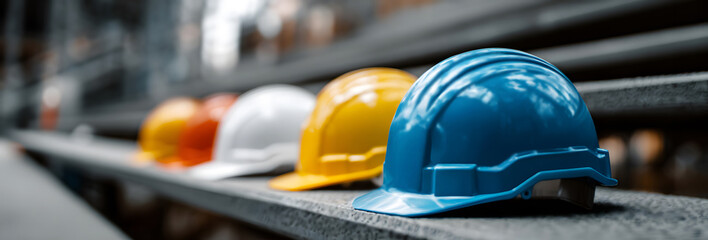 Row of colorful construction safety helmets on steel beam at industrial site. Concept of workplace safety, engineering, teamwork, compliance, and professional building industry environment.