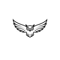 Fototapeta premium Minimal Line Art Owl Logo with Spread Wings Symbolizing Wisdom, Knowledge, Intelligence and Night Vision in Modern Outline Style on White Background