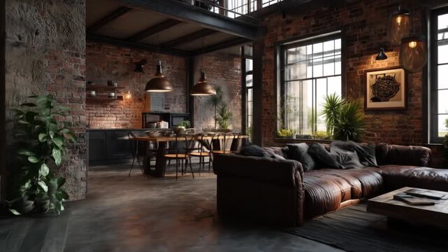 Industrial loft interior with exposed brick and leather sofa
