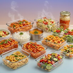 Prepared pasta dishes and salads in glass containers