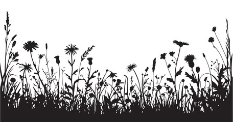 Panoramic wild meadow grass and flower silhouette border design for greeting cards and seasonal decorations