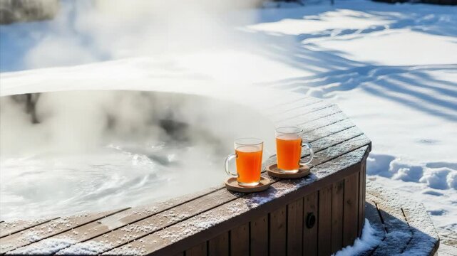 Hot tub in snowy winter landscape with two orange drinks on wooden deck. Relaxing outdoor spa in cold weather for wellness.	