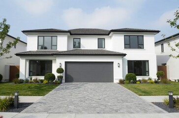 Modern Two-Story Home Exterior with Gray Garage Door and Stone Driveway on a Sunny Day
