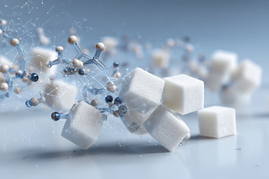 3D rendering of sugar cubes and molecular structure floating in space symbolizing glucose metabolism and scientific nutrition concepts
