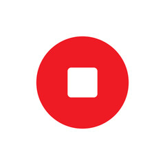 Red stop button icon, a common media player control element for user interfaces and web design, isolated on a transparent background, representing termination.