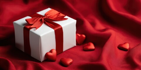Naklejka premium The Gift Box Wrapped in White with Red Ribbon and Scattered Heart Decorations