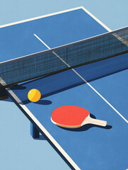 Table tennis racket and ball on blue sports table in sunlight perfect for fitness blogs, leisure promotions and minimalist sports visuals
