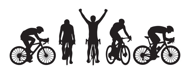 Obraz premium Cyclists celebrating victory and competing in races, dynamic silhouettes on white background