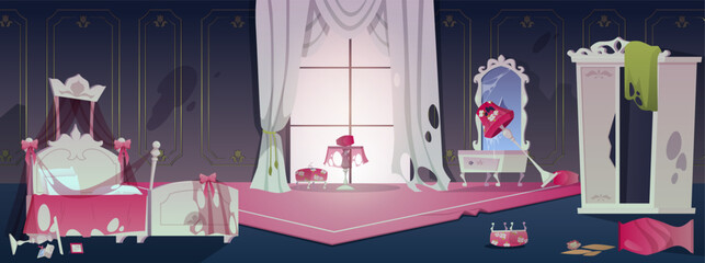 Naklejka premium Abandoned and damaged princess room, vector cartoon medieval castle room interior with broken bed, wardrobe, mirror