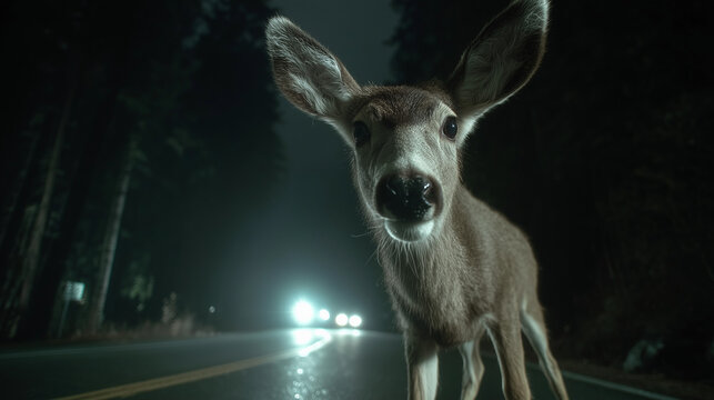 Curious deer looking into camera on a dark forest road with headlights approaching perfect for road safety visuals, wildlife awareness and night photography themes
