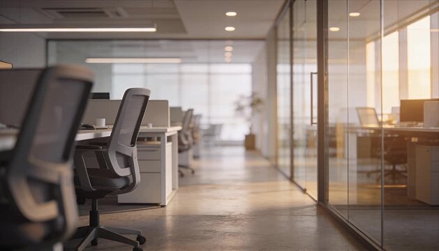 Modern office interior workspace with workstation chair desk, glass corridor, warm sunlight, empty open plan corporate setting, clean minimalist design, hallway perspective, quiet productivity mood
